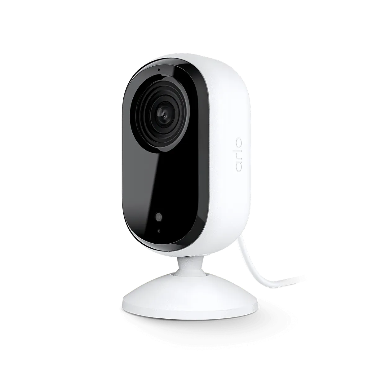 Caméra Arlo Essential 3 intérieure blanche sur son pied, objectif noir en façade