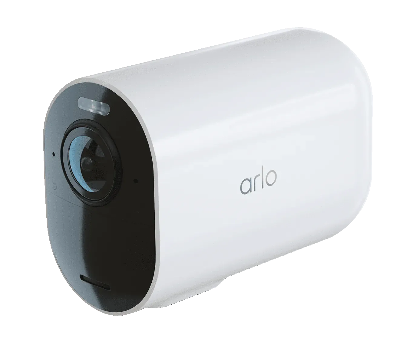 Caméra Arlo Ultra 2 XL blanche vue de trois quarts, objectif et projecteur en façade
