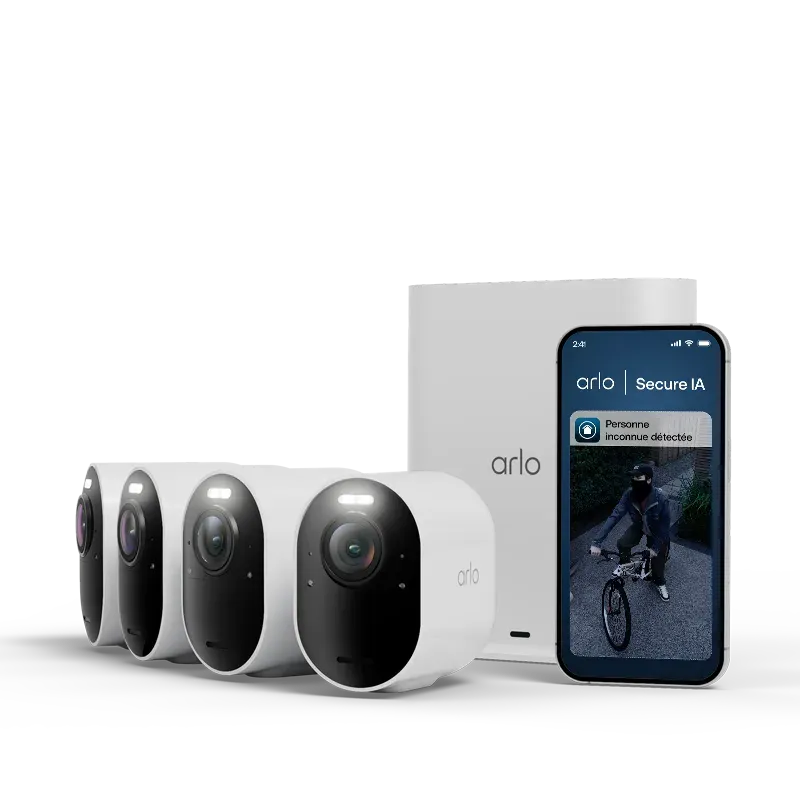 Caméra Arlo Ultra 3 blanche avec son objectif 4K et son projecteur