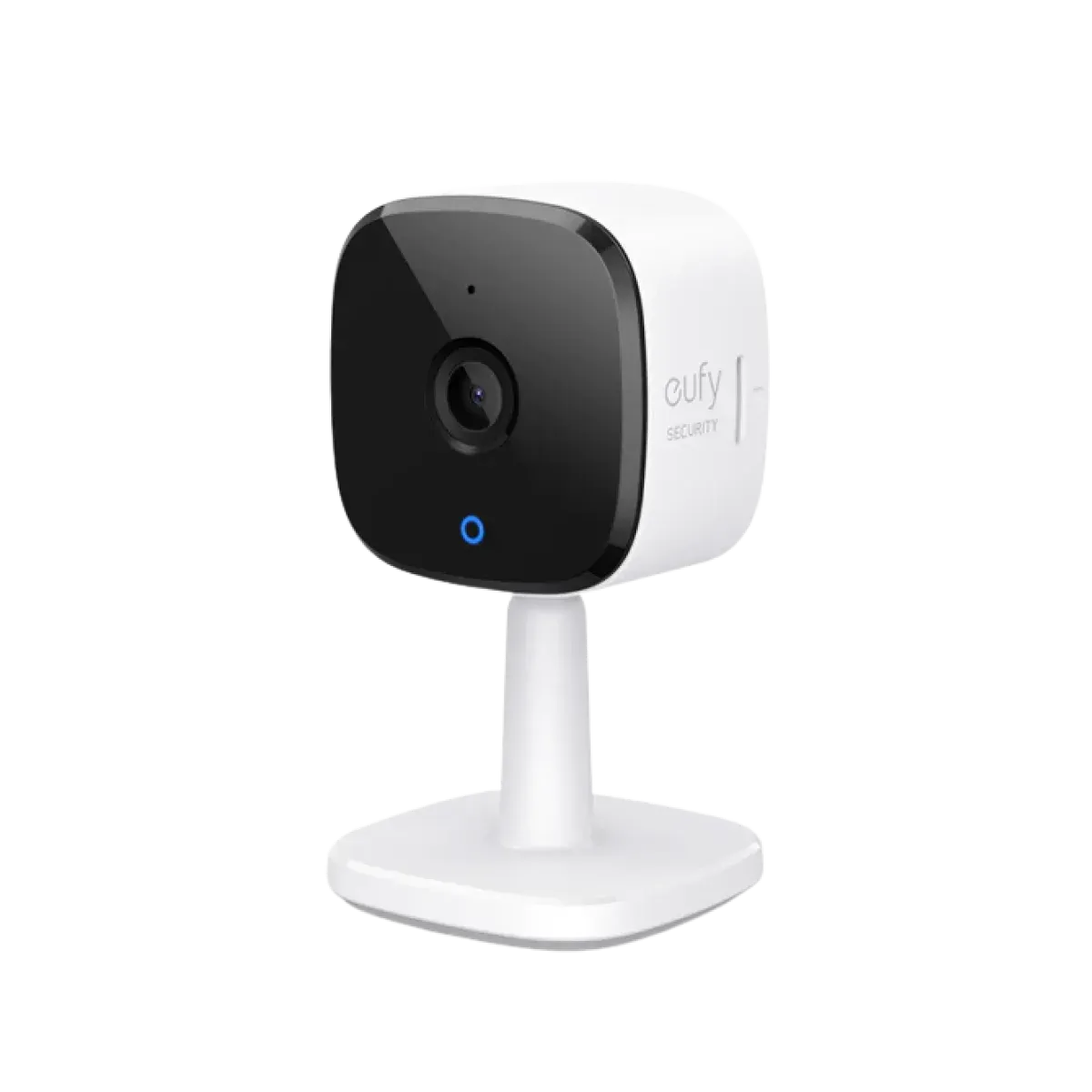 Caméra d'intérieur eufy C120 blanche à façade noire, sur son pied articulé