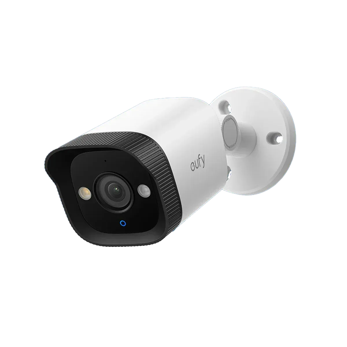 Caméra tube eufy E40 Bullet PoE blanche sur son support mural, objectif et projecteur visibles