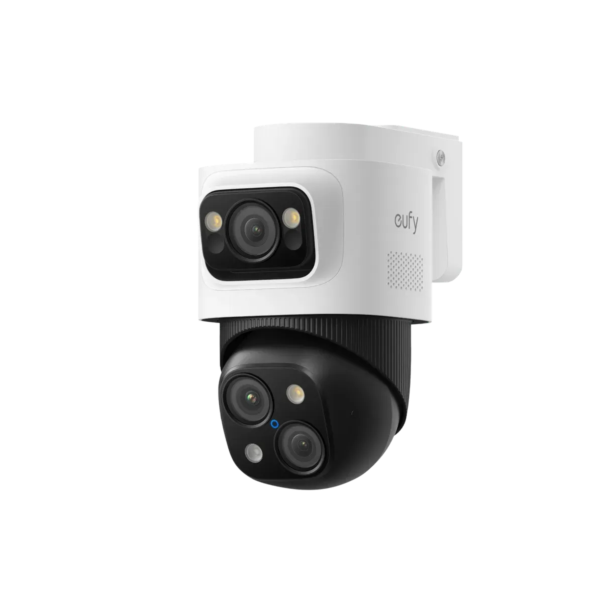Caméra eufy S4 Bullet-PTZ PoE blanche, grand-angle fixe en haut et tourelle motorisée à double objectif en dessous