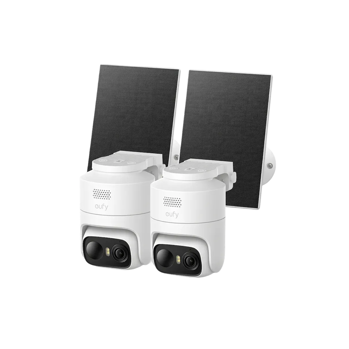La caméra eufyCam C37 blanche sur son support, avec son panneau solaire détachable