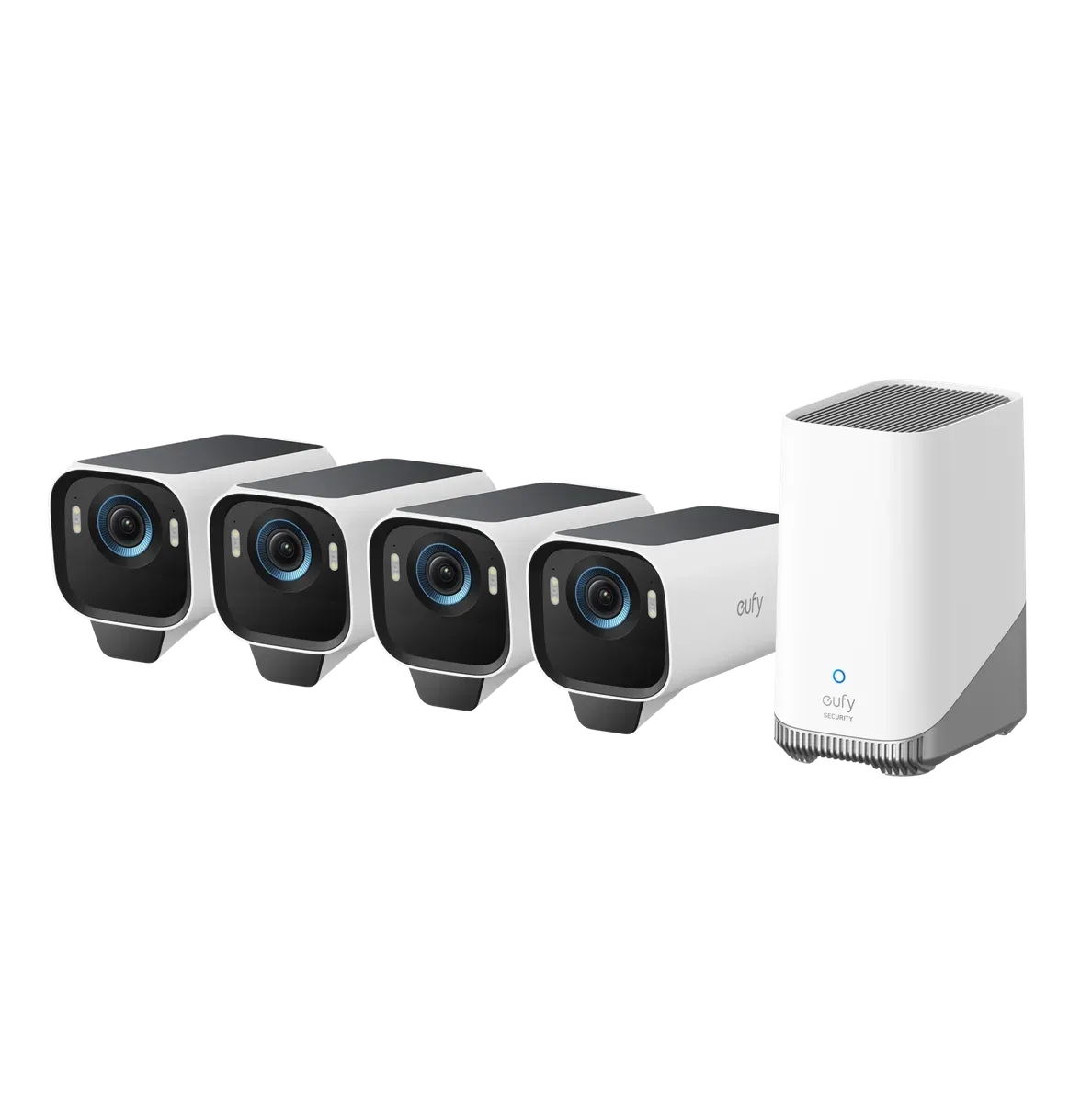 Caméra eufyCam S3 Pro blanche, panneau solaire sur le dessus, et sa HomeBase S380