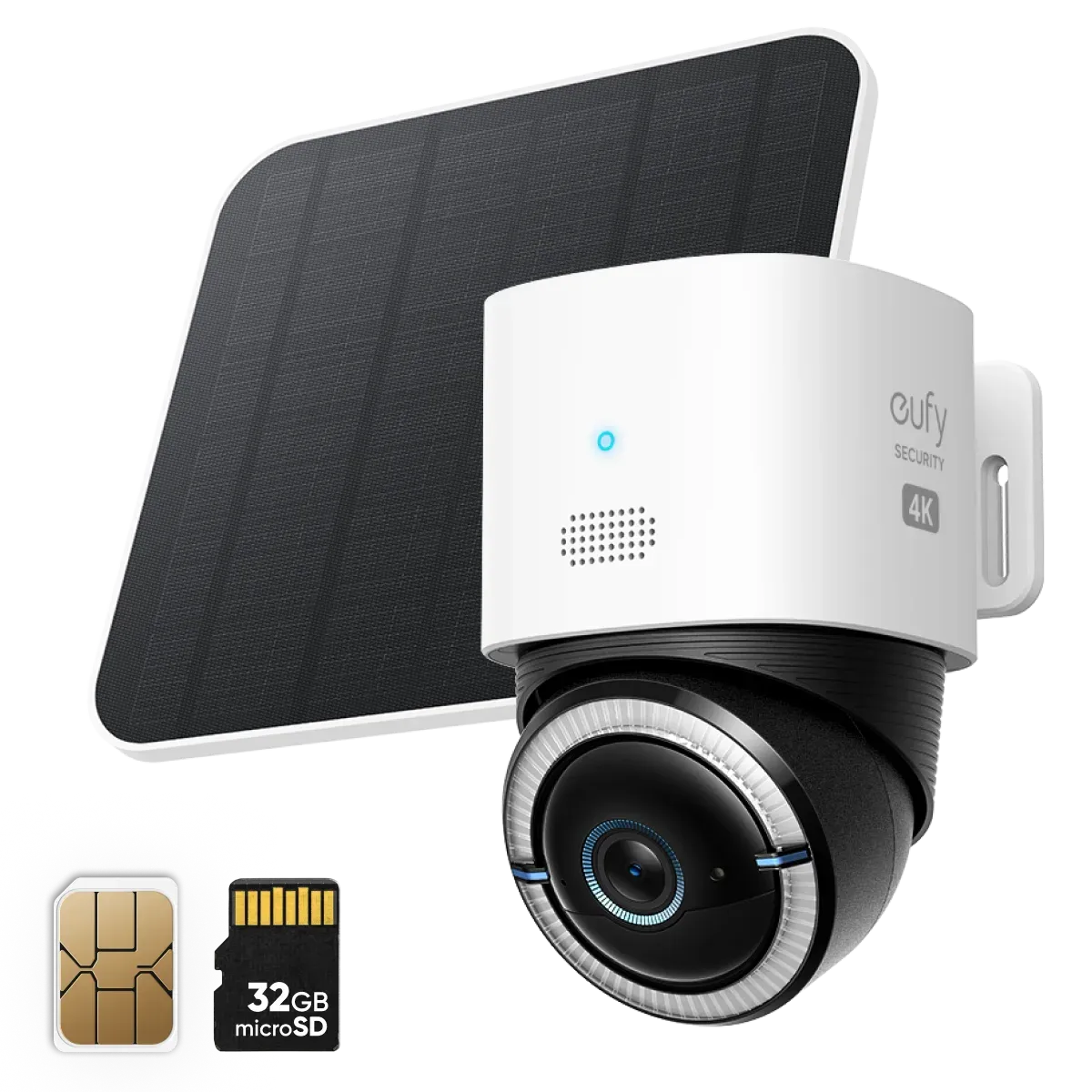 Caméra eufyCam S330 4G LTE blanche en forme de dôme, à côté de son panneau solaire