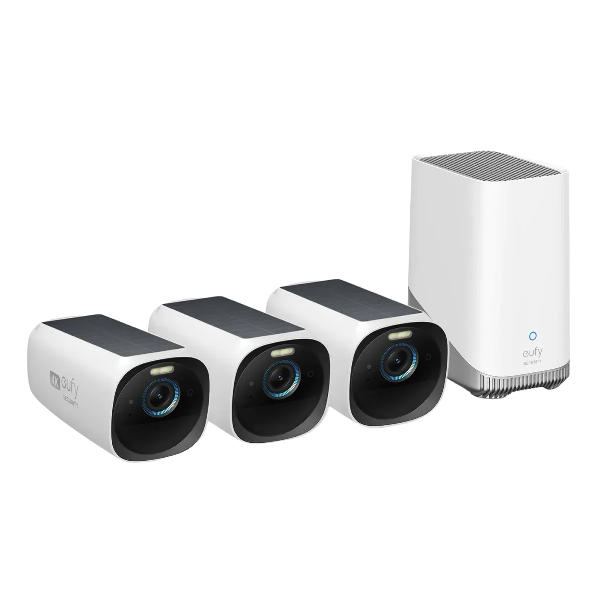 Caméra eufyCam S330 blanche avec panneau solaire sur le dessus, projecteur au-dessus de l'objectif