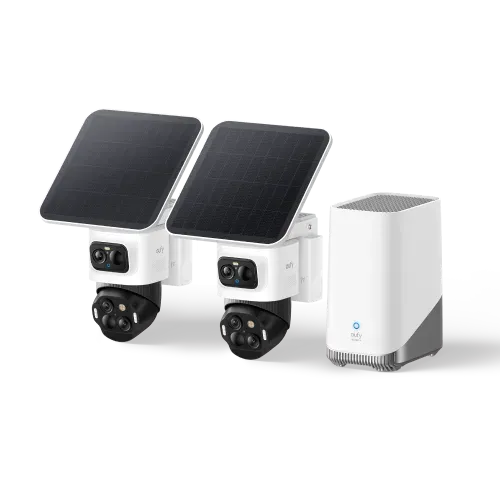 Caméra eufyCam S4 blanche à trois objectifs et son panneau solaire