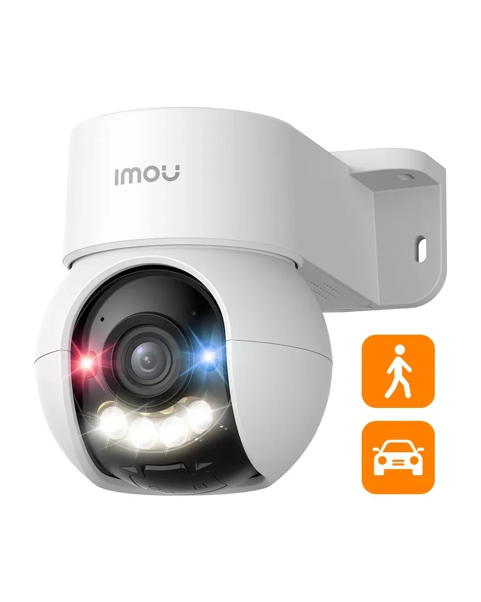 Caméra Imou Talos blanche, tourelle motorisée sur son support mural, projecteurs et objectif visibles