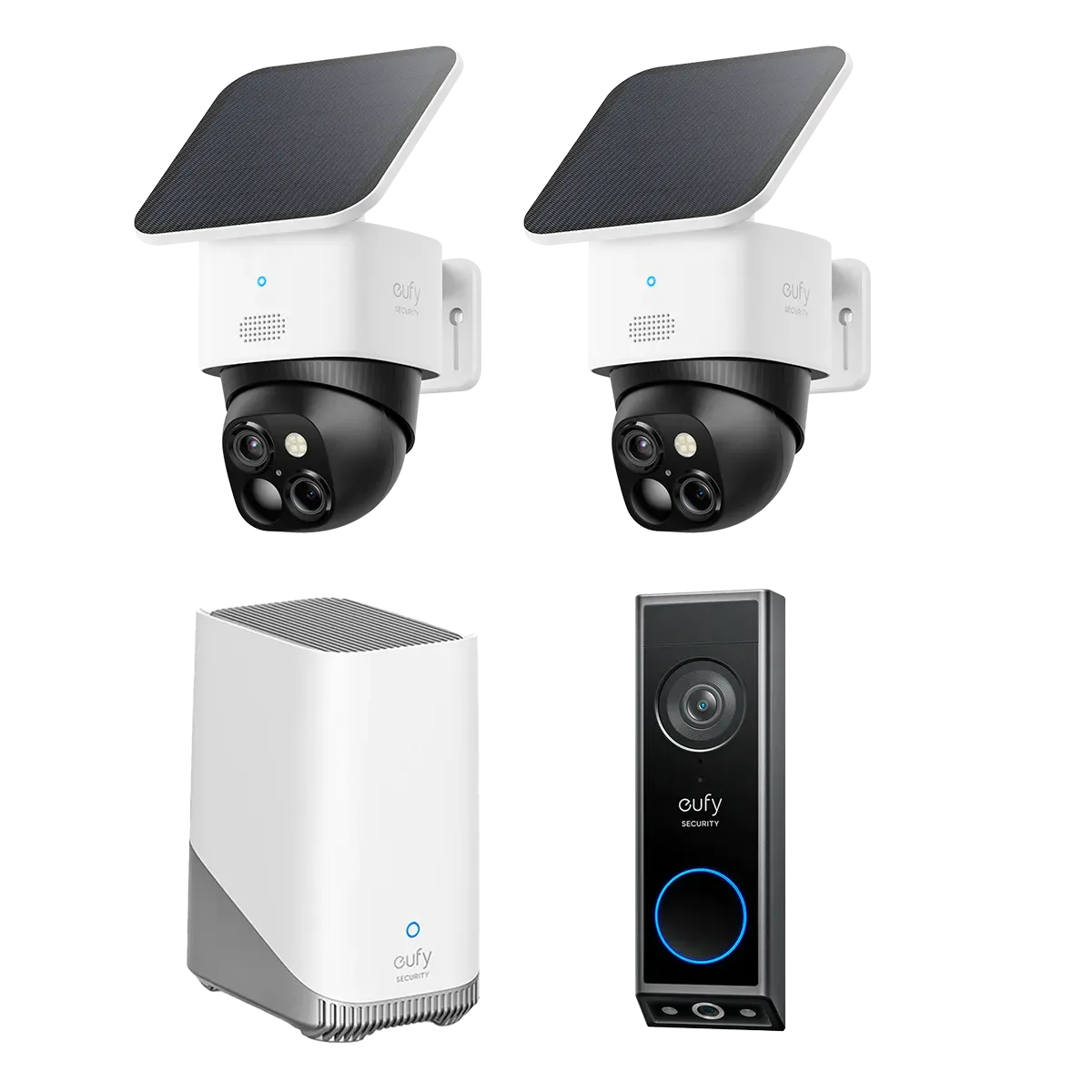 Caméra eufy SoloCam S340 blanche et noire en forme de dôme, panneau solaire sur le dessus, deux objectifs en façade